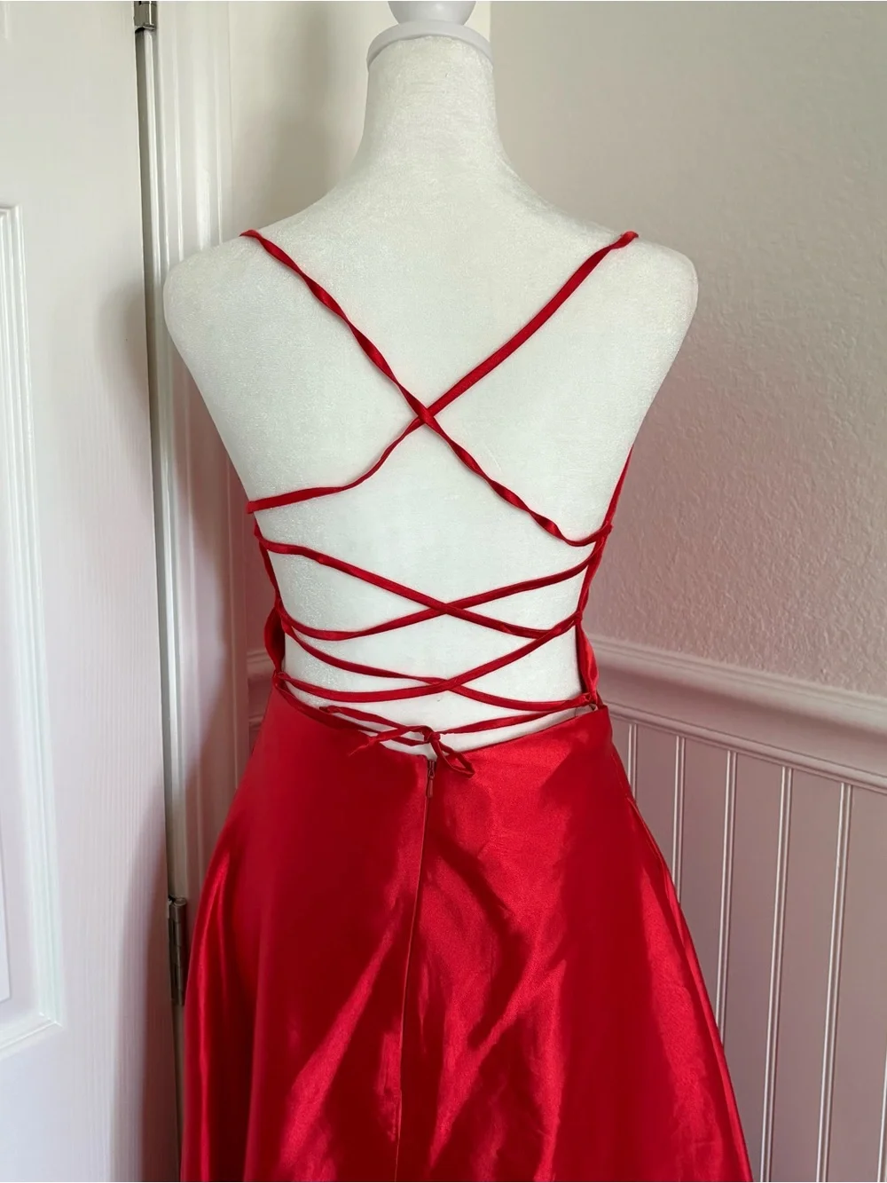 Red Satin A-Line Spaghetti Strap Evening Gown with Criss Cross Back - Picture 8 of 9